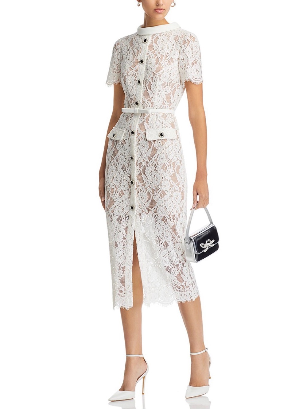 Self-Portrait White Lace Button-Front Midi Dress